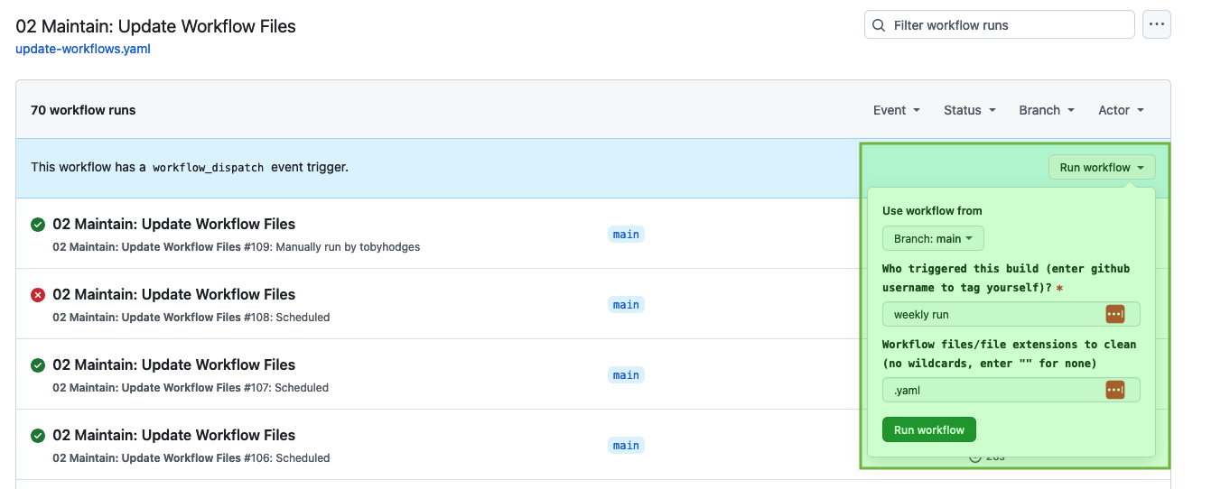 The interface to manually run a workflow, annotated to highlight the most relevant part of the interface